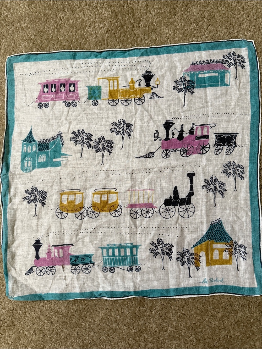 Vintage Pat Richard handkerchief buggies, trains, houses white aqua pink yellow